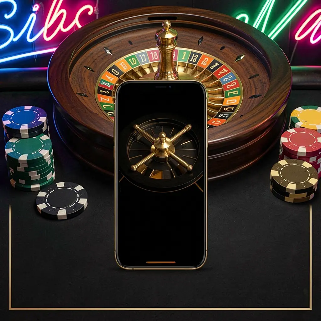 EE7 GAMES mobile casino application scene featuring a phone in the center with a roulette wheel and poker chips in the background illuminated by glowing neon lights in a premium black and gold style