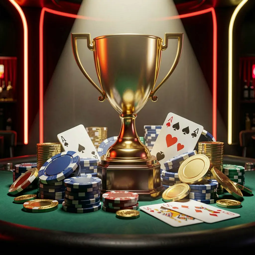 EE7 GAMES casino tournament bonus concept featuring a golden trophy surrounded by poker chips, playing cards, and coins under a bright spotlight in a competitive luxury casino atmosphere with dark background and red and gold neon accents
