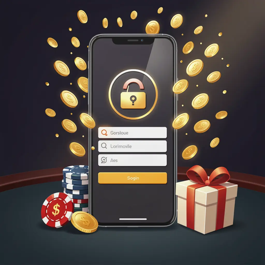 EE7 GAMES casino user login illustration showing a phone with secure access icon, golden coins bursting from the screen, poker chips and a gift box nearby on a dark premium background