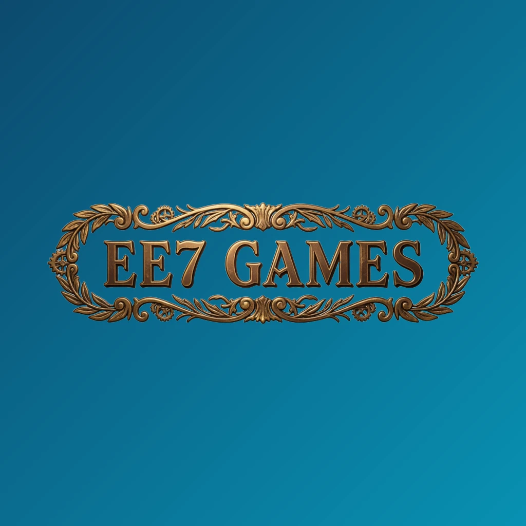 Vintage emblem logo of EE7 GAMES featuring classic typography and an ornamental frame in a retro premium style, designed as a wide horizontal rectangular wordmark for a website header with a transparent background