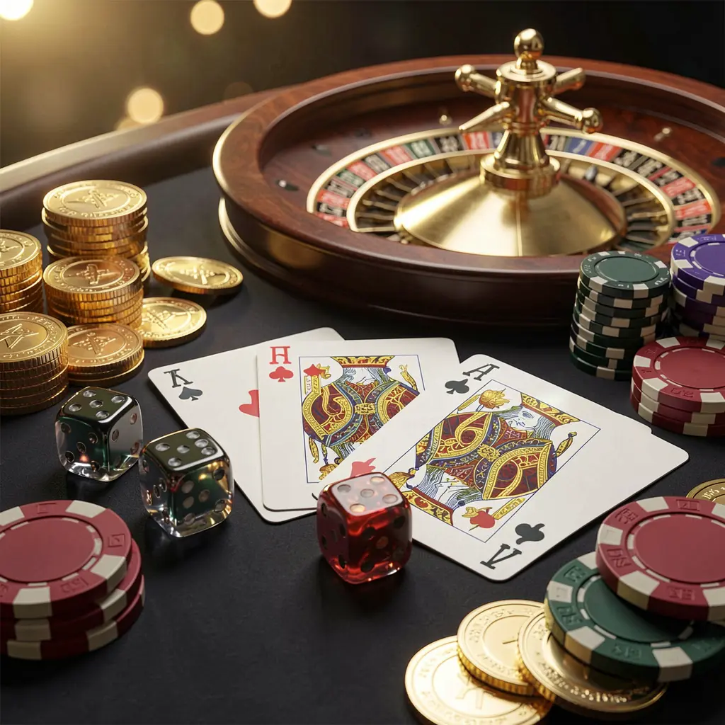 EE7 GAMES elegant online casino homepage featuring royal flush cards, dice, golden coins, poker chips on a dark table with a glowing roulette wheel in the background in a cinematic 3D render
